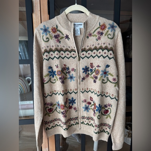 Vintage 90s Alfred Dunner Saratoga Springs Floral Embroidered Zip Sweater ramie - Picture 2 of 12